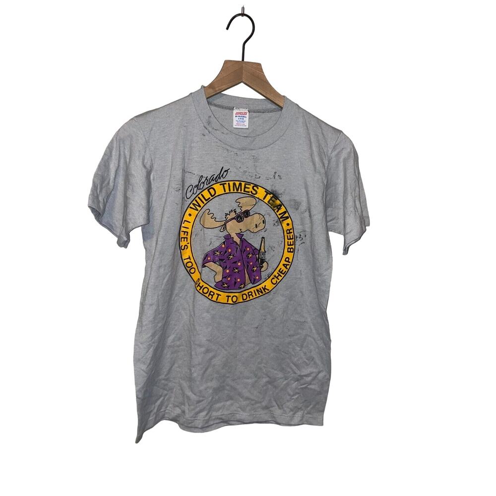 Vintage Moose Shirt Colorado CO Wild Times Team Beer Graphic Gray 1987 1980s 80s
